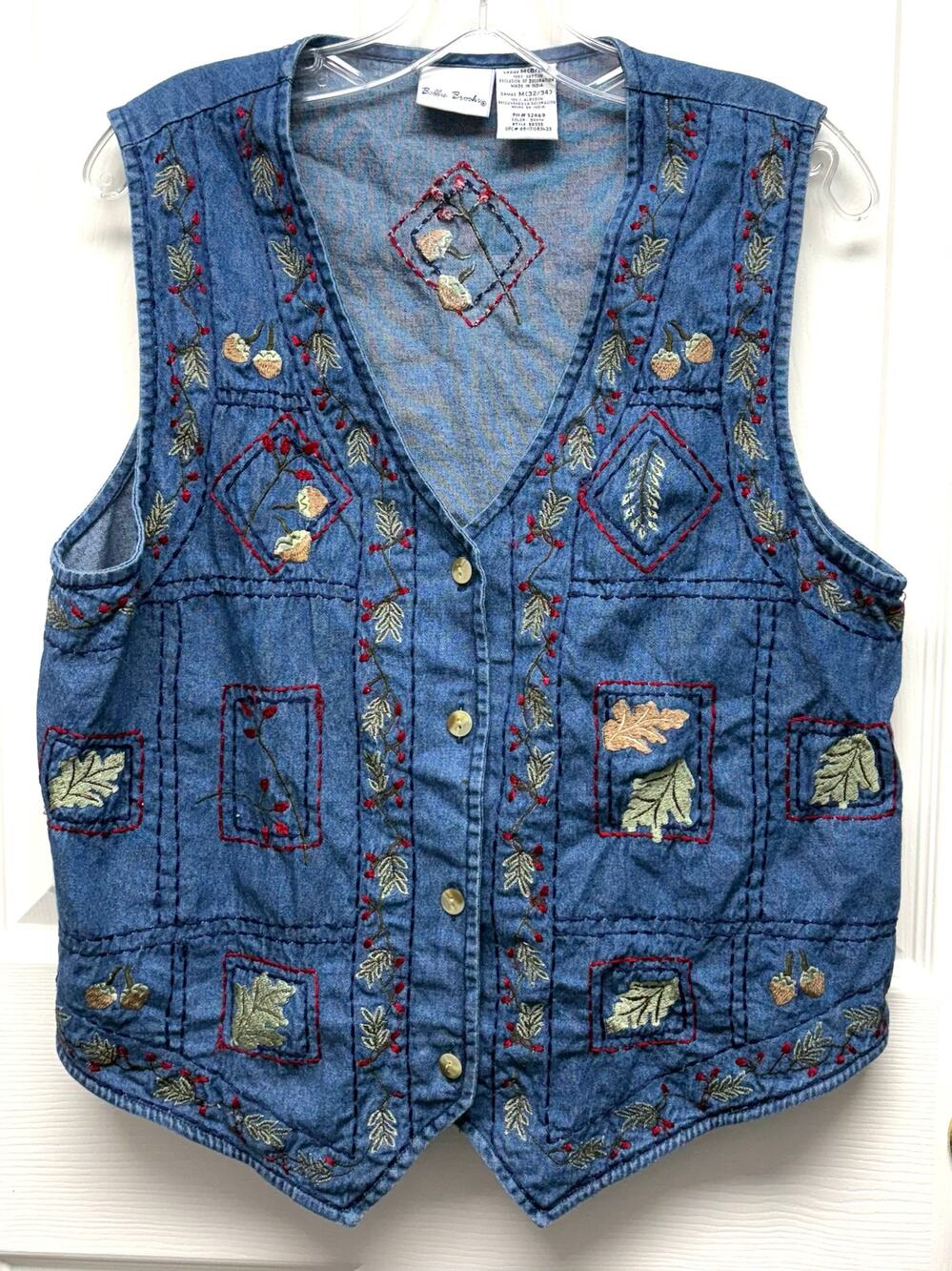 Bobbie Brooks Vest Embroidered Denim 100% Cotton Jean Leaves Women’s Size M